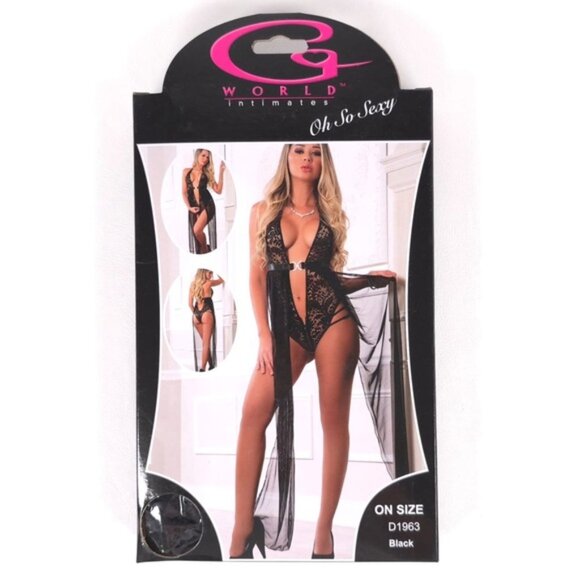 NWB G WORLD Black 1pc Zipper Crotch Teddy Gown Lacy Beep Bodysuit D1963 ONE SIZE - Picture 4 of 7